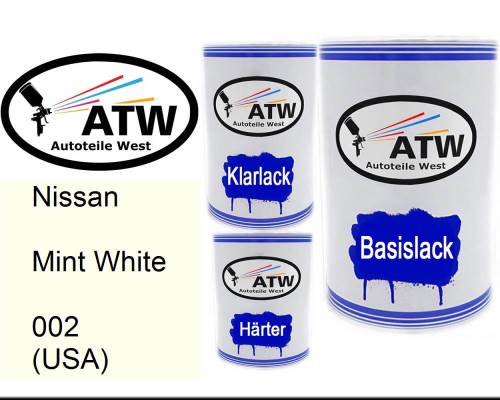 Nissan, Mint White, 002 (USA): 500ml Lackdose + 500ml Klarlack + 250ml Härter - Set, von ATW Autoteile West.